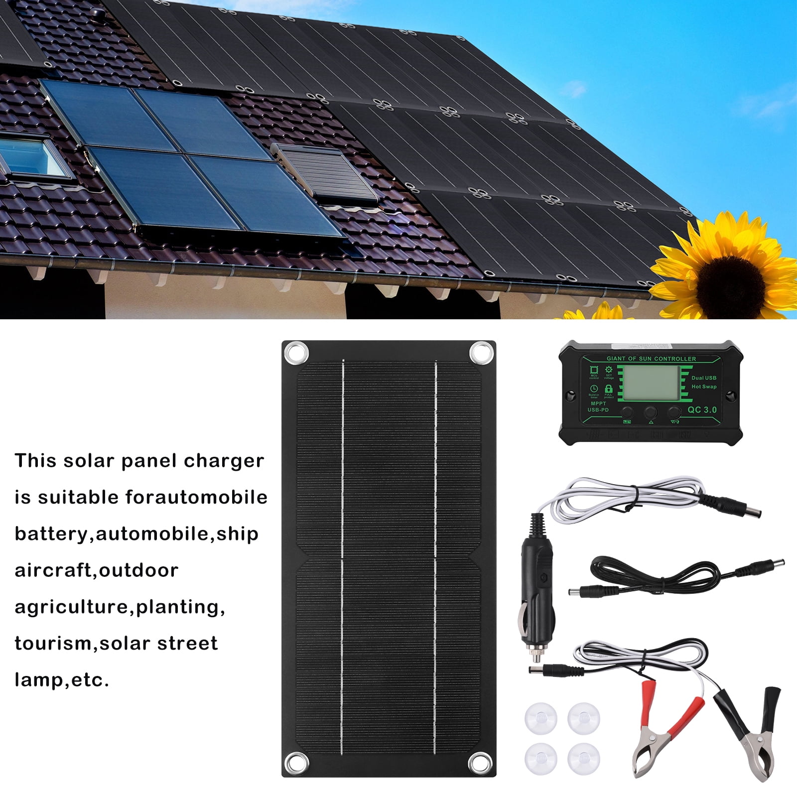 DAZLUTE 10W Solar Panel  Kit, Monocrystalline Silicon 100A Charge Controller Solar Panel Kit, Portable Solar Panel Battery Charger USB Output Suitable for Boat Car RV Motorcycle Marine Automotive Hom