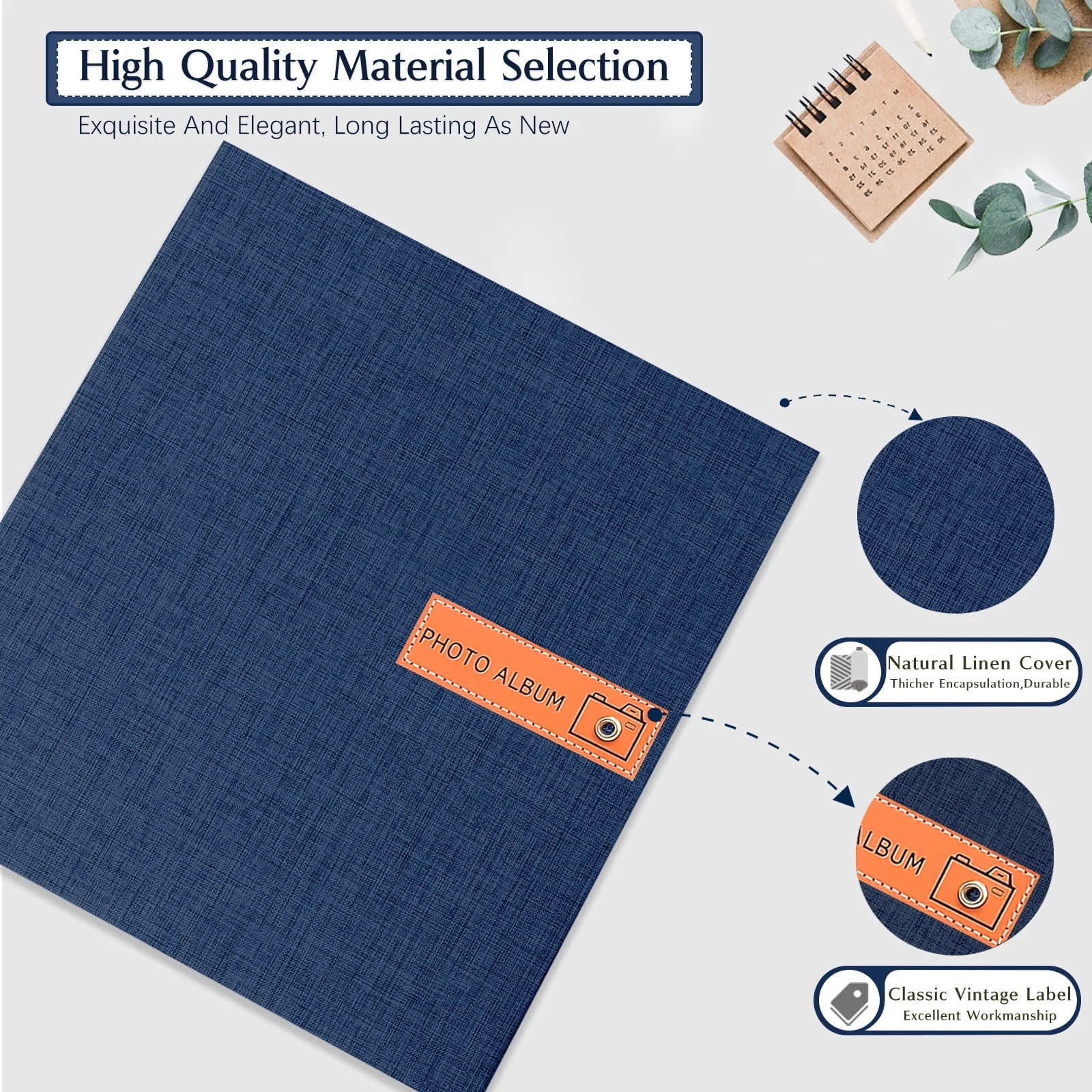 Bevtee 40 Pages Large Photo Album Self Adhesive 4x6 5x7 8x10 Scrapbook DIY Picture, with Pen and Plastic Board,Perfect for Moms, Families, Babies, and Weddings, Dark Blue, 11.5" x 10.6"