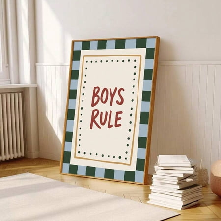 Boho Wall Art 1pc Framed/Unframed Boys Rule Canvas Poster Cute Nursery Wall Art Print Minimalist Baby Boy Room Decor Painting For Playroom,Kids Room,Bedroom,Modern Home Decoration