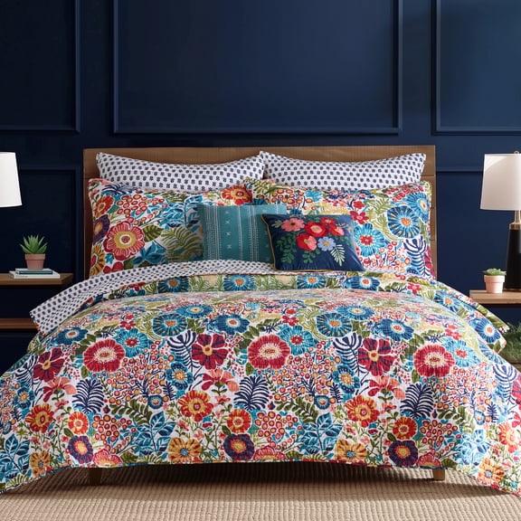 Levtex Home - Day Garden Quilt Set - Full/Queen Quilt and Two Standard Shams - Bold Floral - White Red Pink Green Ochre Teal - Quilt (88x92in.) and Shams (20x26in.) - Reversible - Cotton