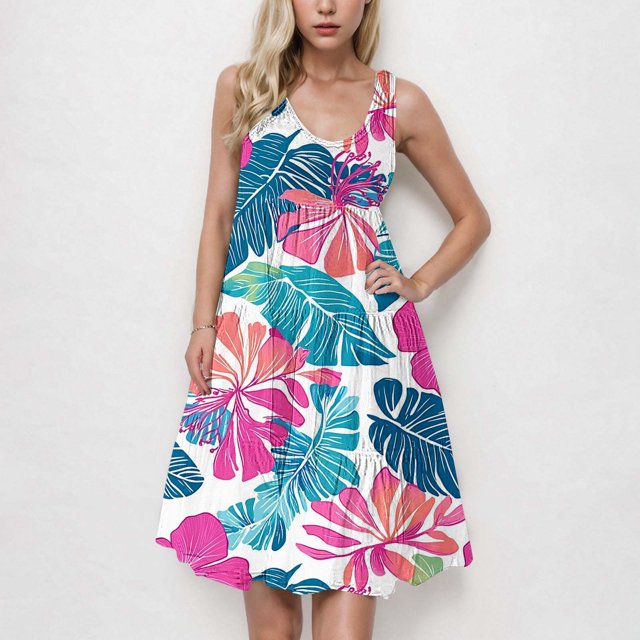 Ovzne Robes Grande Taille pour Femmes Rondes Robe d'Été Mode Robe Sans Manches Col Rond Imprimé Floral Pli Serré Robe de Plage Robe de Vacances Imprimée Liquidation