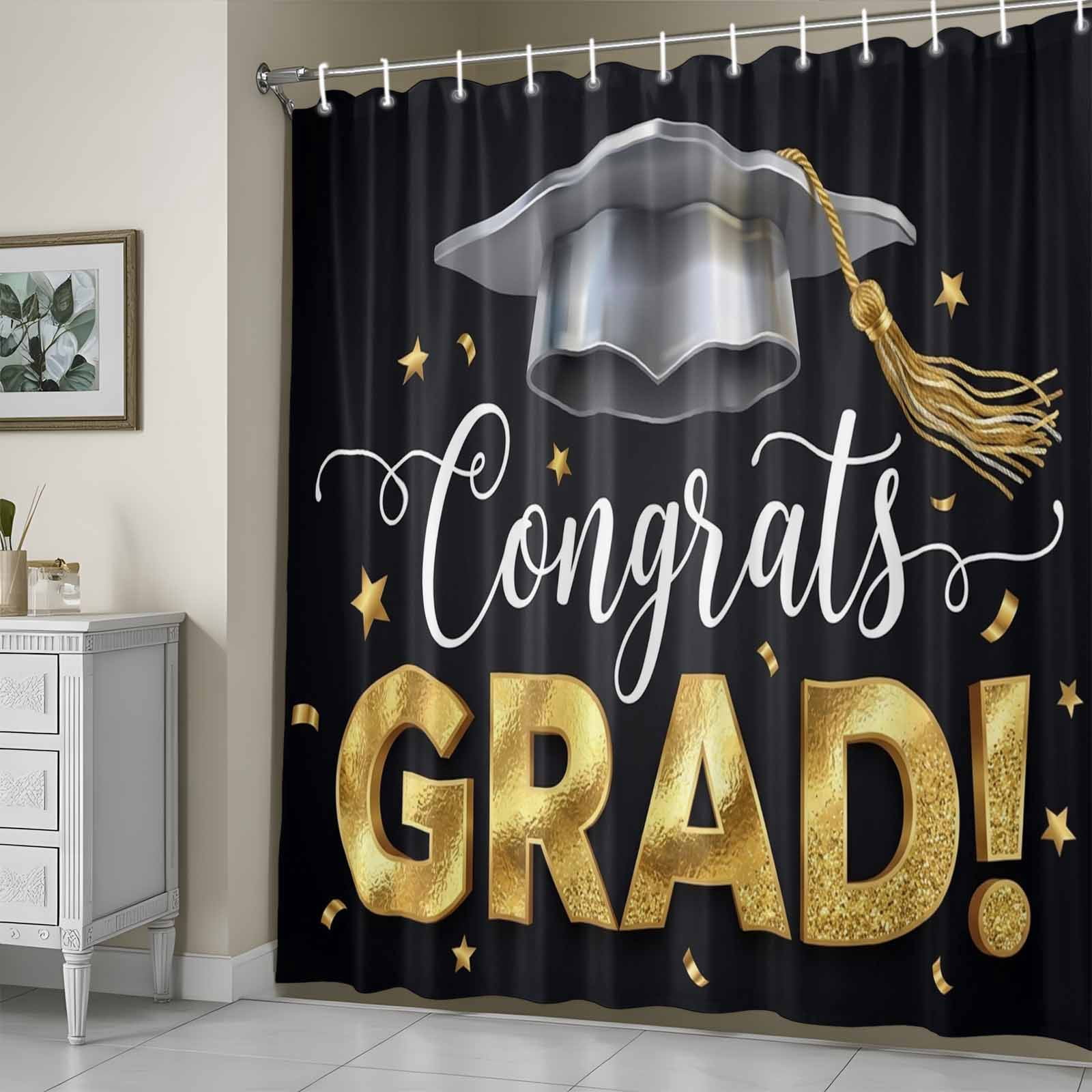 Graduate Season Shower Curtain, Congrats Grad Bachelor's Cap Celebration Black Waterproof Shower Curtain Set with 12 Hooks Lightweight Bath Curtains Fabric Bathroom Decor 72x78 Inches