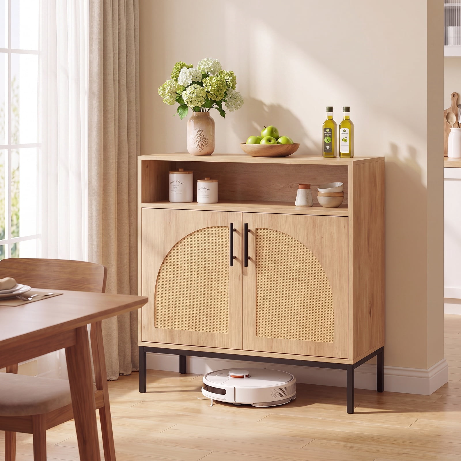 Furnibear 32" Sideboard Buffet Cabinet with 2 Natural Rattan Decorated Doors and Adjustable Shelf for Kitchen Dining Living Room Buffet, Natural