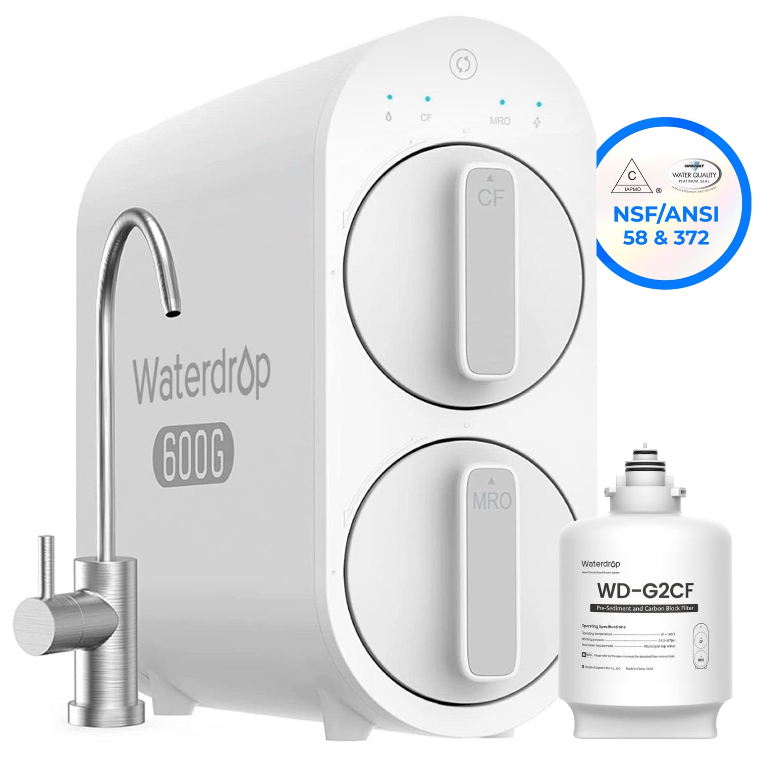 Restored Waterdrop G2P600 Reverse Osmosis System, 600 GPD Reverse Osmosis Water Filter, 7 Stage Tankless RO Water Filter System, Under Sink RO System, 2:1 Pure to Drain, Reduce PFAS, FCC Listed,with 1 Filter (Refurbished)
