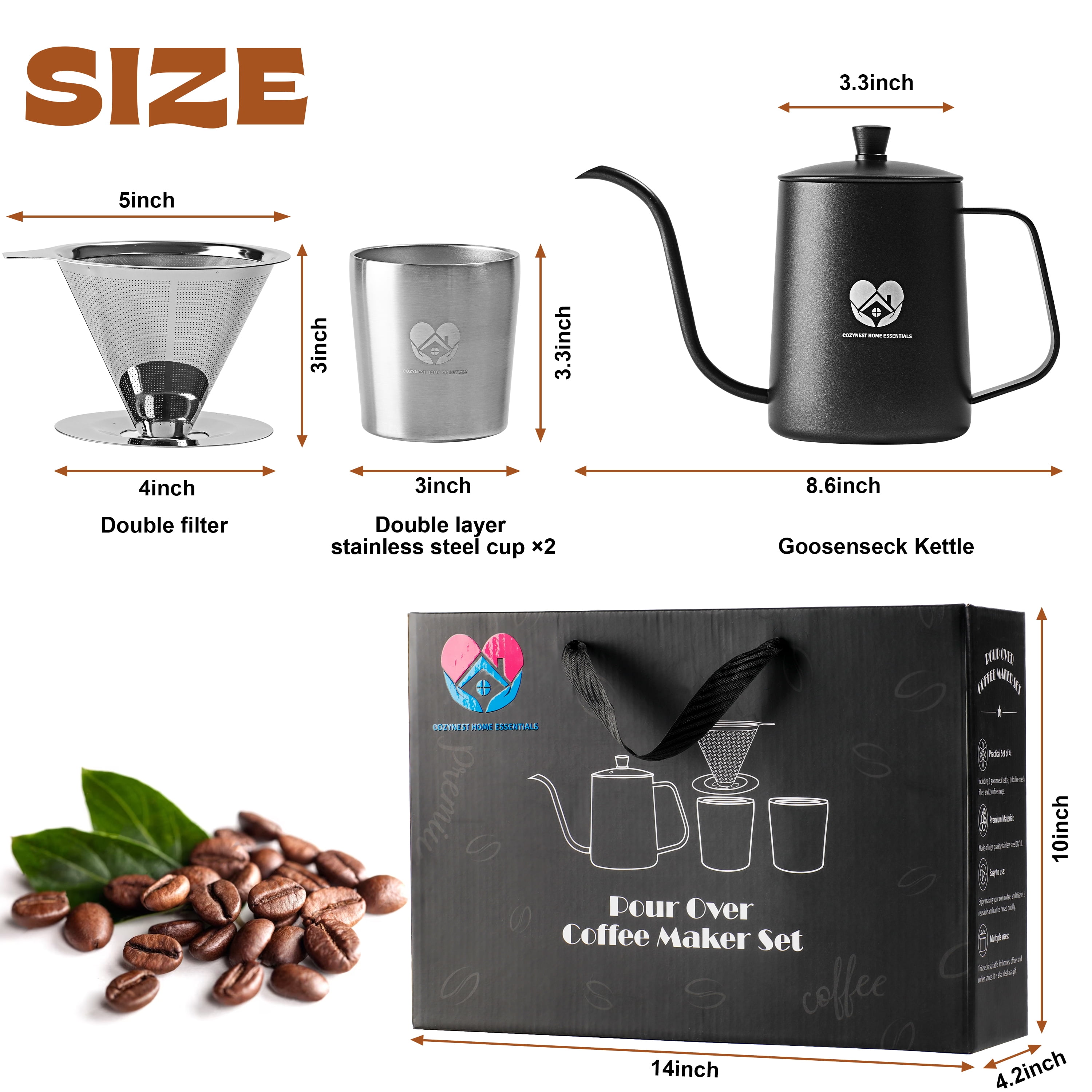 CozyNest Home Essentials- Stainless Steel Pour over Coffee Maker 4pcs Gift Set; Brand New.