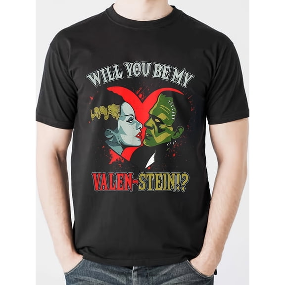 Funny Valentine's Day Frankenstein & Gothic Love Story Cotton Tee for Men - Soft, Comfortable Crew Neck T-Shirt with Unique Graphic Print, Perfect for Casual Wear, S-XXXL