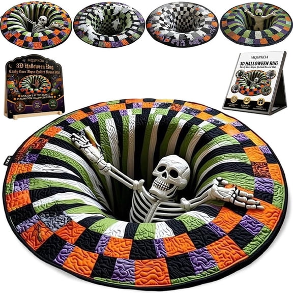 3D Halloween Rug, Novelty Ghost Skeleton 3D Optical Illusion Rugs | Candy Corn Abyss Quilted Round Mat with Spooky Depth Design Crystal Velvet Soft & Durable Fabric Non-slip(A-32inches)