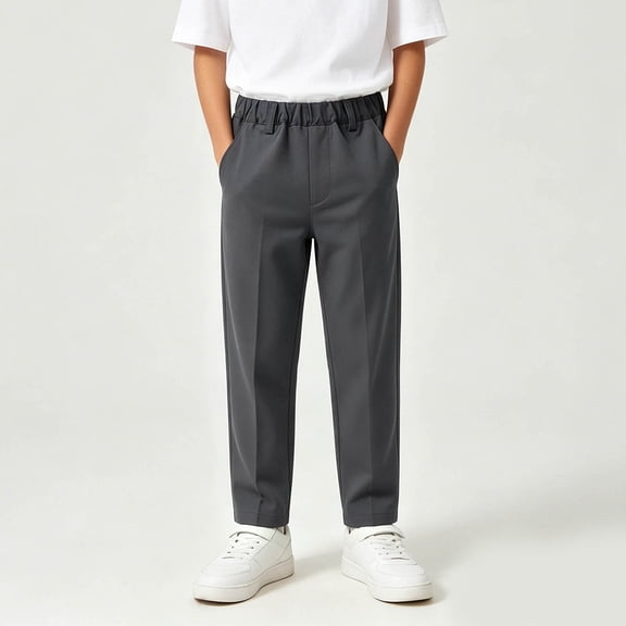 ITSAME Boys School Uniform Pants Flat Front Elastic Waist Straight Leg Kids Dress Pants with Pockets Dark Gray Size 11