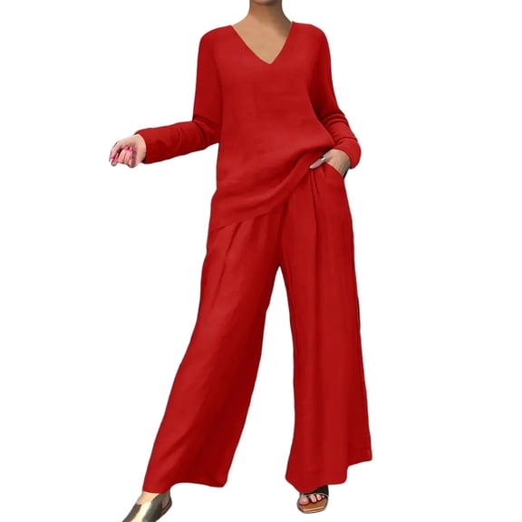 cfhntfmh Pant Suits for Women Casual Two Piece Sets Long Sleeve V Neck Shirts Palazzo Pants Matching Lounge Set