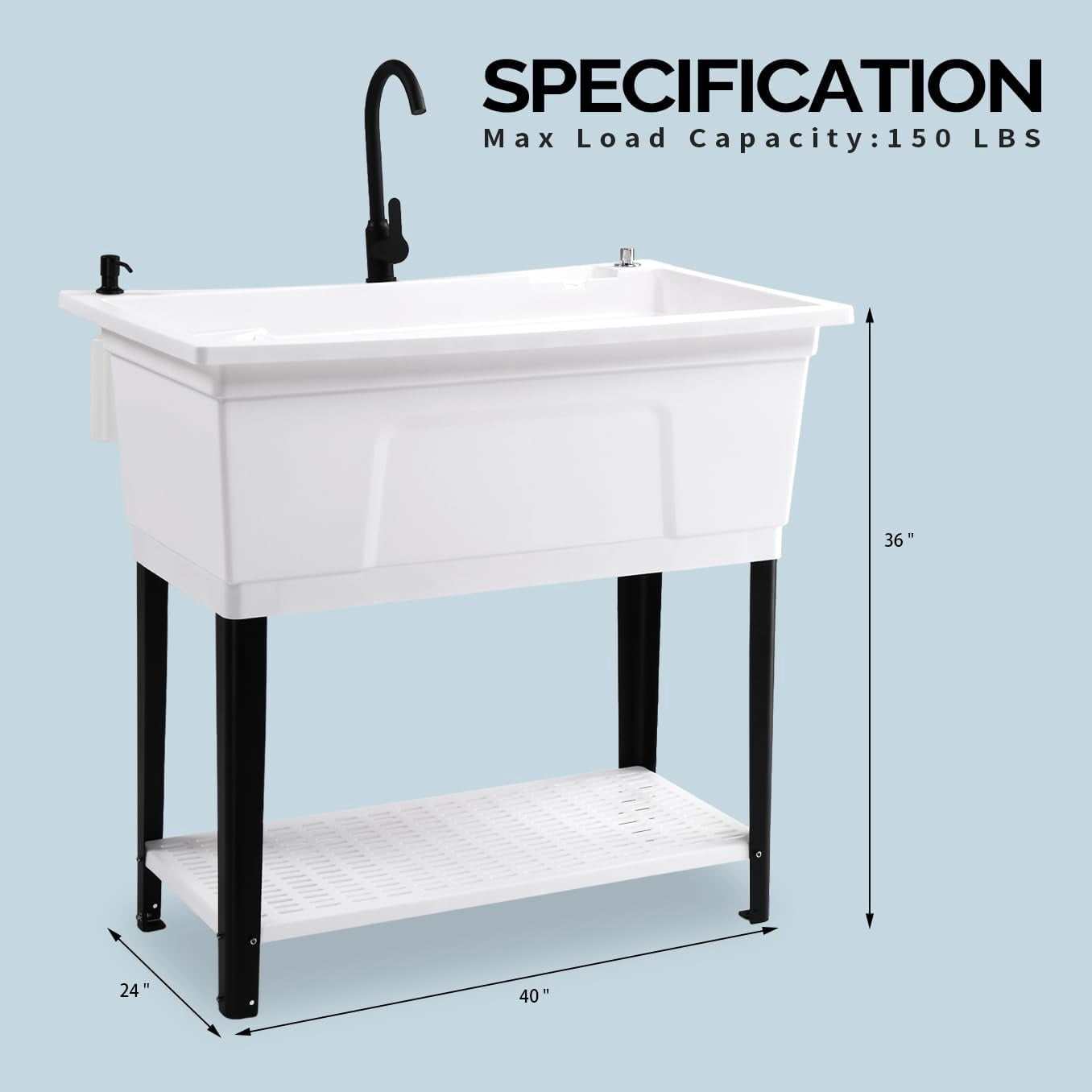 Ktaxon 27 Gallon Plastic Utility Sink with Hot/Cold Faucet, 36" Freestanding Laundry Tub with Iron Legs, Storage Shelf, Drain Board, Soap Dispenser and Pop-up Button for Bathroom, Laundry Room, White