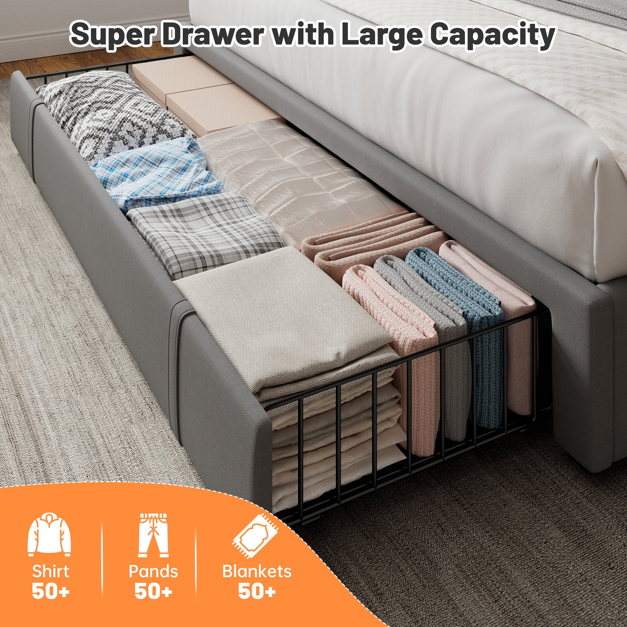 Queen Size Bed Frame with 3 Storage Drawers & LED Light Upholstered Bed Frame with Adjustable Headboard,Gray
