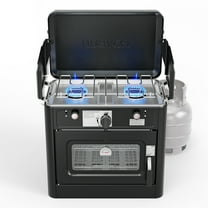 VINGLI 2-in-1 Portable Camping Stove & Propane Oven with Piezo Igniter, 2 Burner Stove & Outdoor Oven with Adjustable Fire, Thermometer, Wind Panel & Regulator for Traveling, Tailgating (Black)