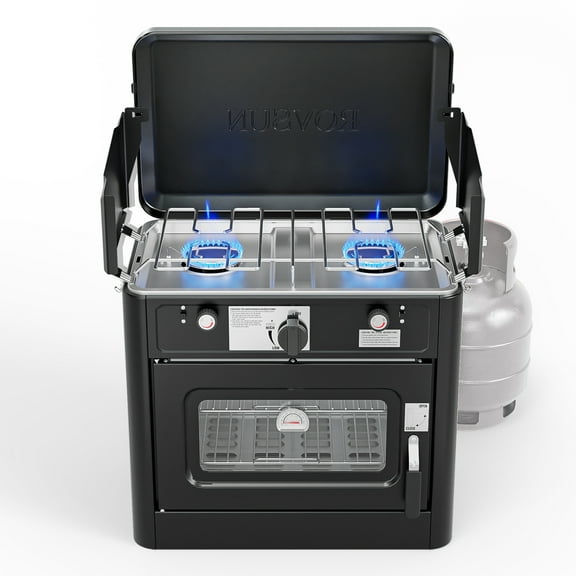 VINGLI 2-in-1 Portable Camping Stove & Propane Oven with Piezo Igniter, 2 Burner Stove & Outdoor Oven with Adjustable Fire, Thermometer, Wind Panel & Regulator for Traveling, Tailgating (Black)