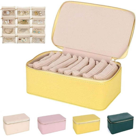 Familiarn Travel Jewelry Box with Small Pouches, Portable PU Leather Jewelry Organizer Box with 12 Small Pouches, Large Capacity Waterproof Familiarn Jewelry Case for Earring, Necklace, Rings (Yellow)