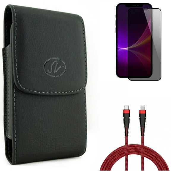 PD Cable & Case Belt Clip & Privacy Screen Protector for iPhone 13 Pro Max ONLY - 6ft USB-C to iPhone Charger   Leather Holster Cover   Tempered Glass Curved Anti-Spy Combo