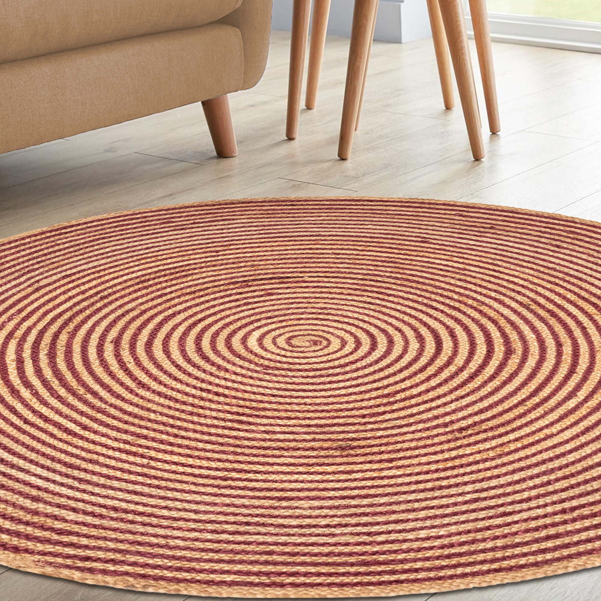 Superior Braided Jute Handwoven Indoor Outdoor Area Rug, 4' Round, Burgundy