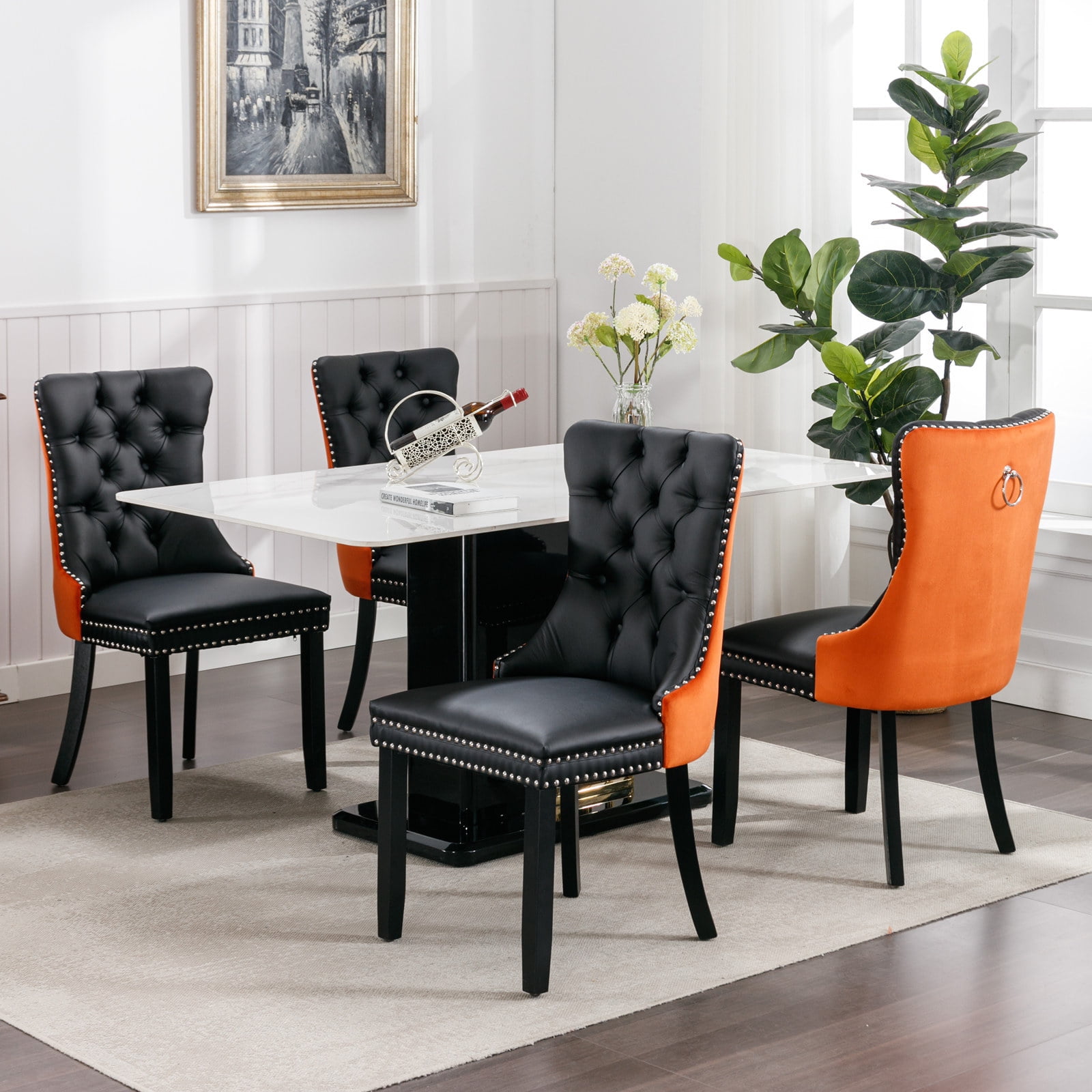 Gewnee 2-Pcs Set Modern High-end Tufted Solid Wood Contemporary PU and Velvet Upholstered Black+Orange Dining Chair with Wood Legs Nailhead Trim