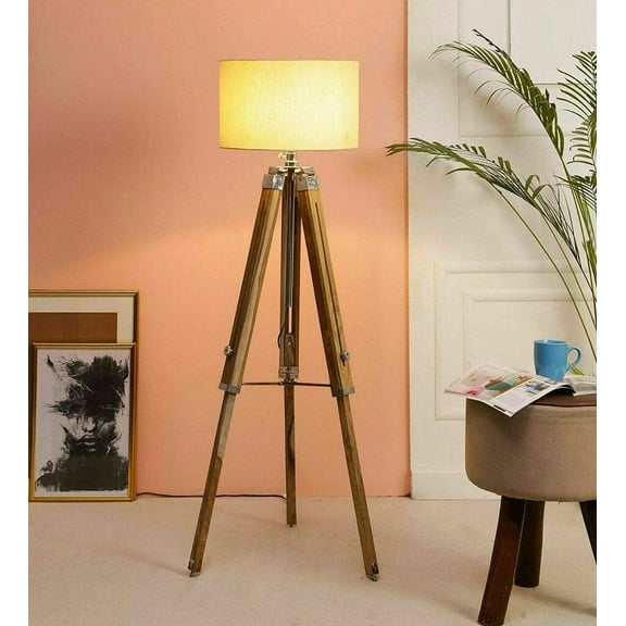 Teak Wood Tripod Decorative Floor Lamp Stand with Bulb and wiring full Height (Two Fold) 72 Inches without shade