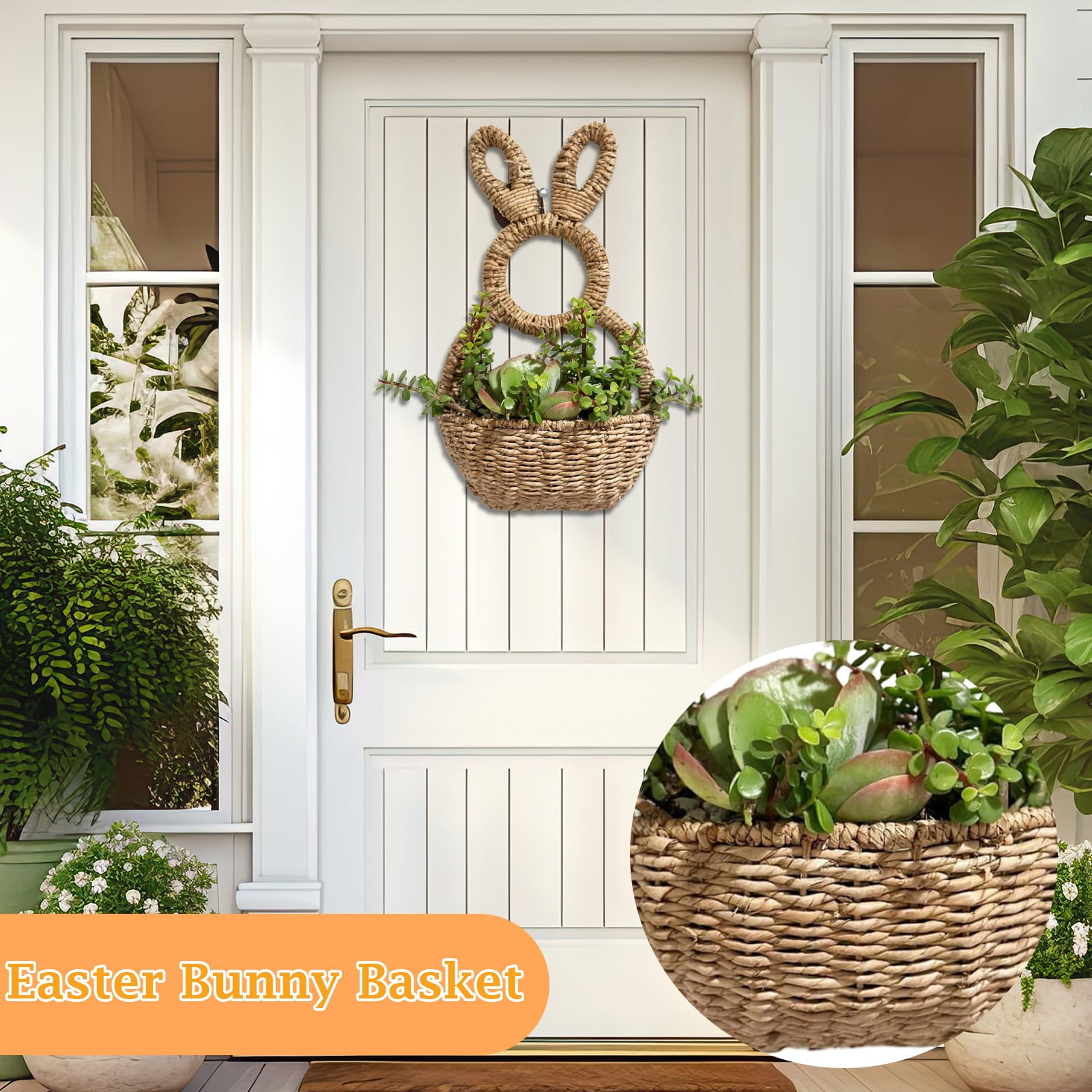 ZZAIXHL Bunny Basket Hanging Wall Pocket Spring Decor - Hand Woven Wicker Easter Basket - Bunny Hanging Ornament, Wicker Easter Baskets Rabbit Statue Spring Wreath for Front Door