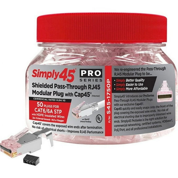 Simply45 S45-1750P ProSeries Pass Through RJ45 Modular Plug with Cap45 and Bar45 for Cat6/6a STP (50 Pack)