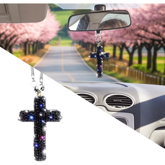 Chasenew Bling Car Rear View Mirror Accessories Hanging Pendant,Cross Crystal Rhinestone For Car Mirror Hanging,Double-Sided Cross Diamond Religious,Interior Men Women Car Accessories (Black)