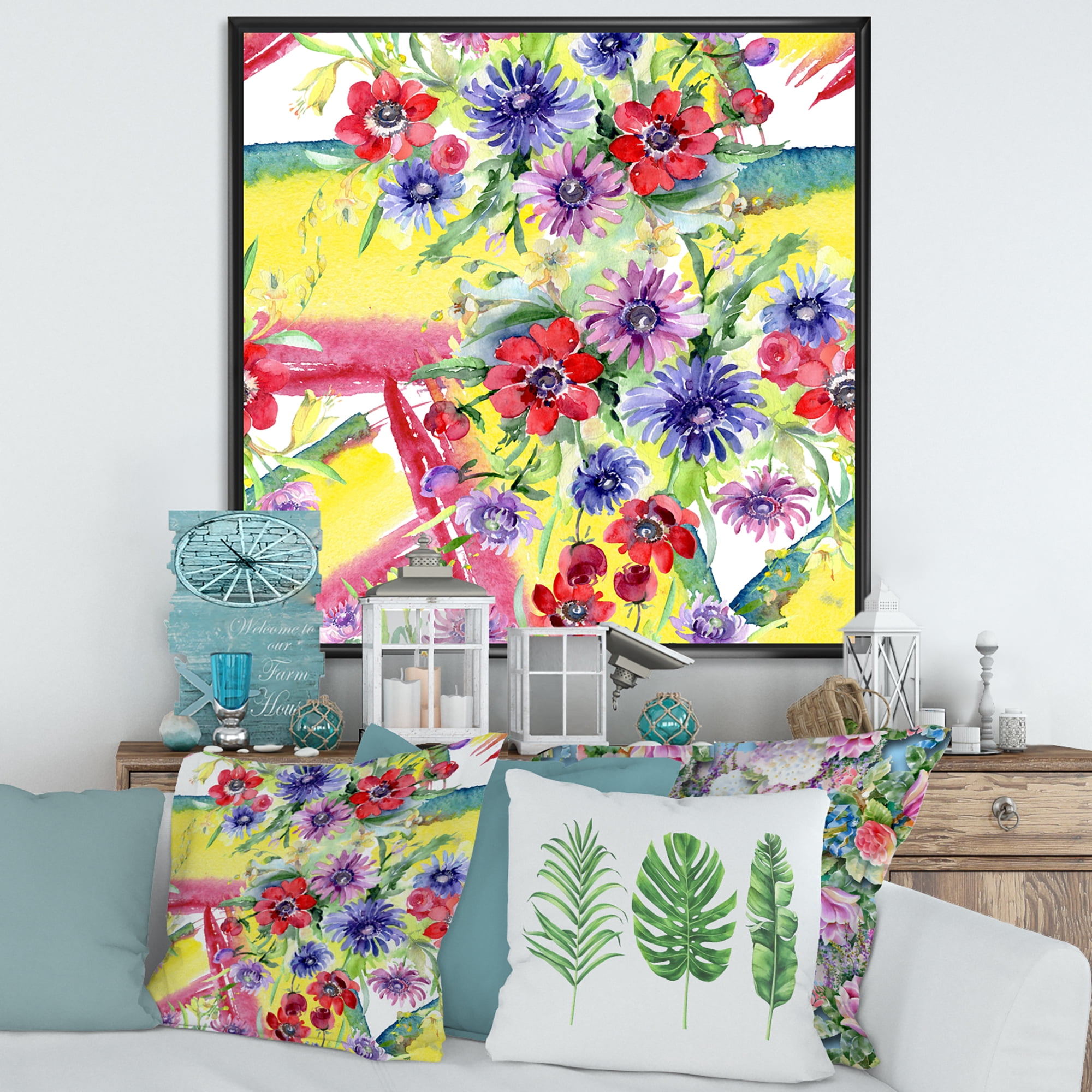 Designart 'Wildflowers and Vibrant Wild Spring Leaves V' Modern Framed Canvas Wall Art Print