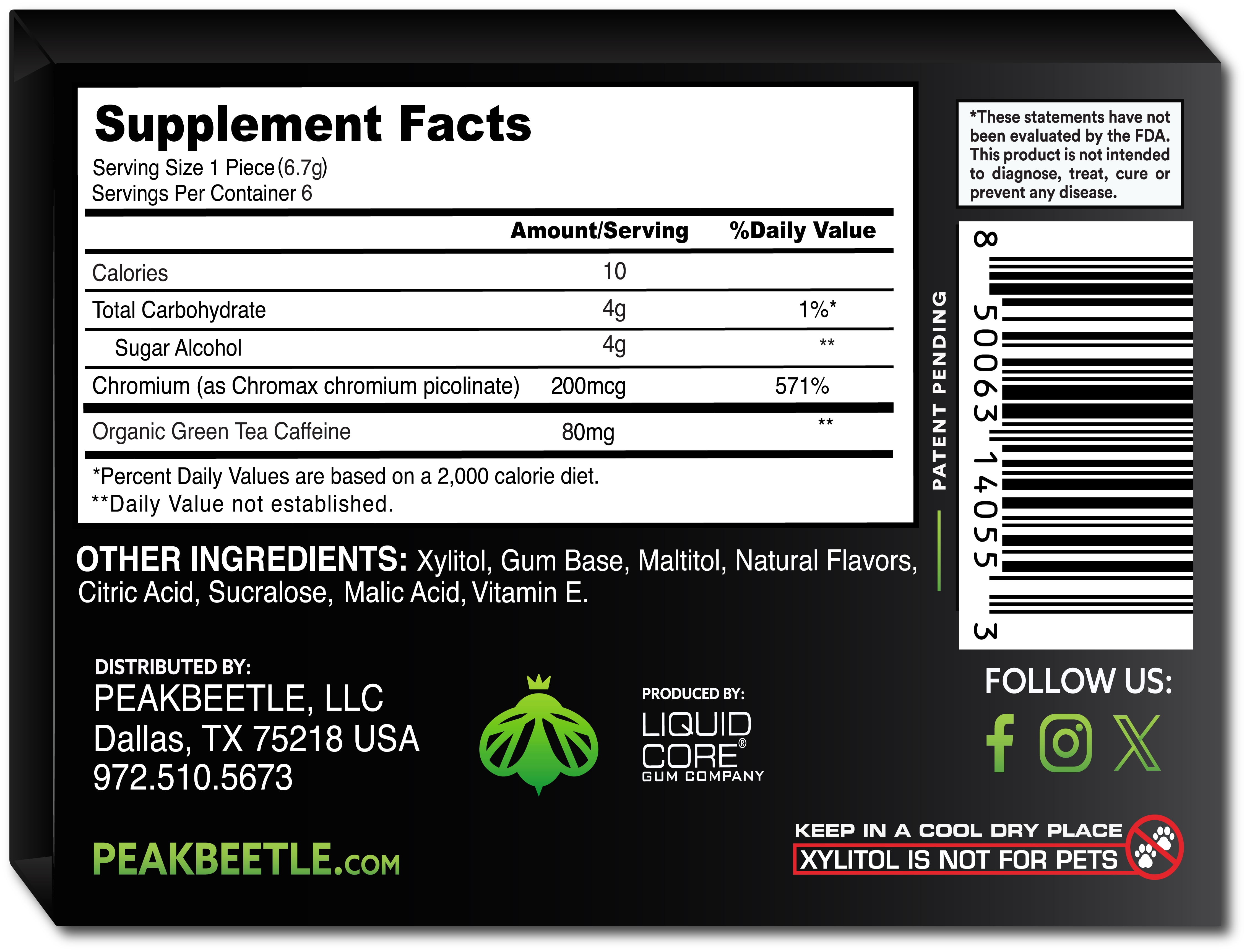 Peakbeetle Energy Gum, 80mg Caffeine per Piece, Chromax, Sugar-Free – 5 Packs 6 Pieces Each