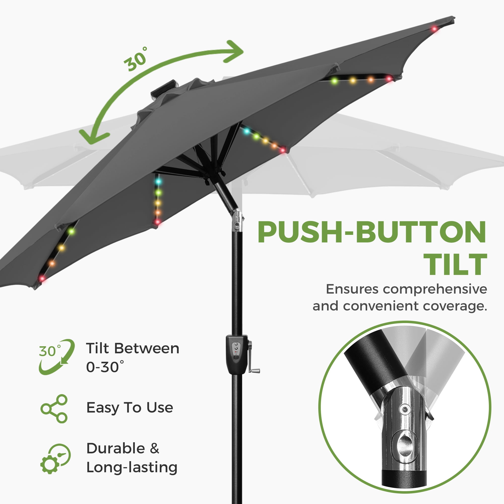 Scafild | 7.5ft Outdoor Patio Umbrella with Solar Lights, Outdoor Market Umbrella with Colorful LED Lights and Tilt and Crank - Gray