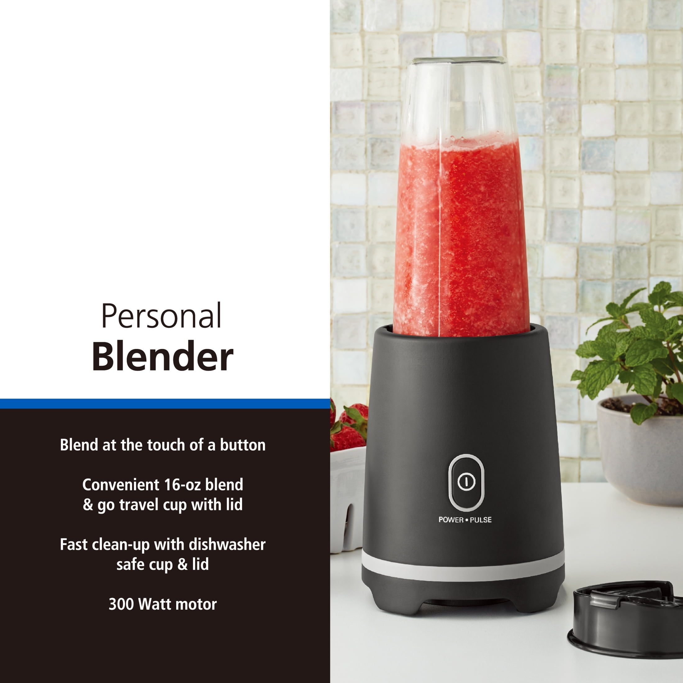 Mainstays Black Single-Serve Blender with 1 Travel Lid, 16 oz