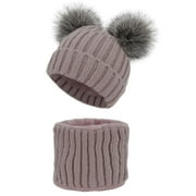 2 Pcs Women Winter Pom Pom Beanie Hat Scarf Set Pink