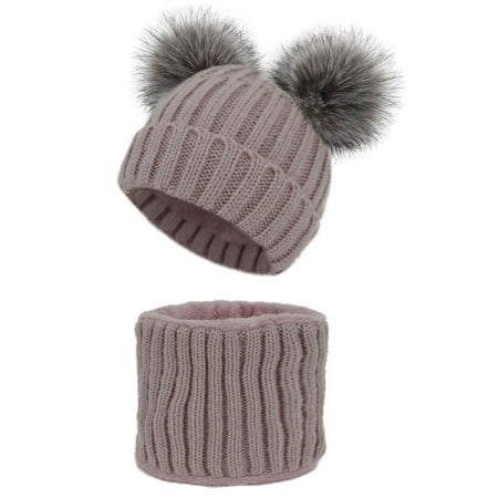 2 Pcs Women Winter Pom Pom Beanie Hat Scarf Set Pink