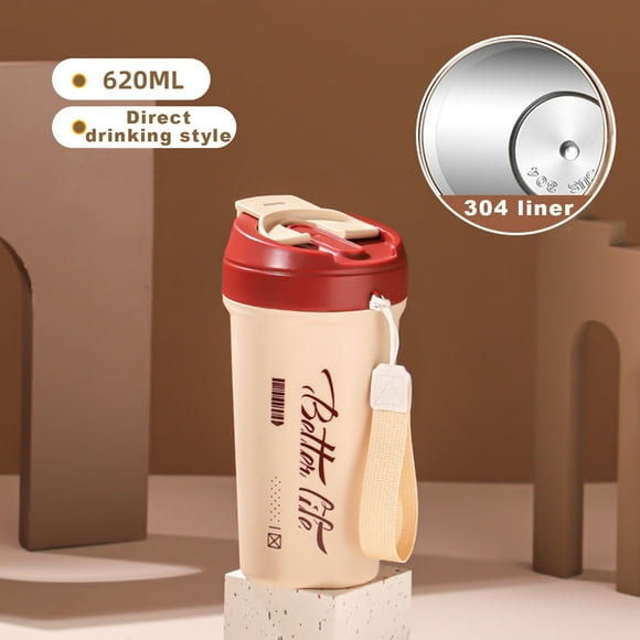 304 Stainless Steel Straw Water Cup With Carry Rope, Travel Mug Spill Proof with Lid - Coffee Cups for Keep Hot/Ice Coffee, Tea and Beer