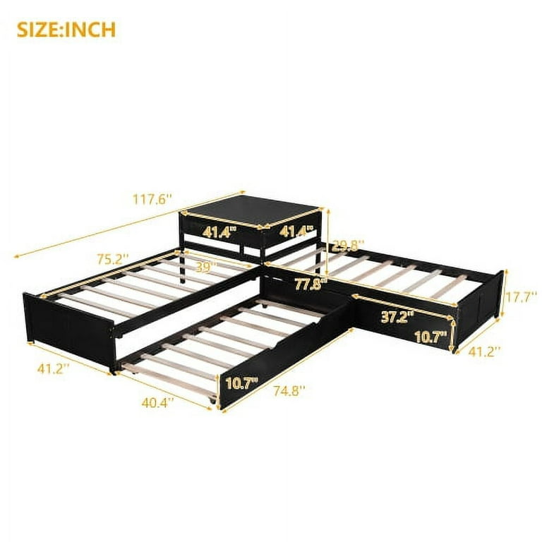 L-shaped Platform Bed with Trundle and Drawers Linked with