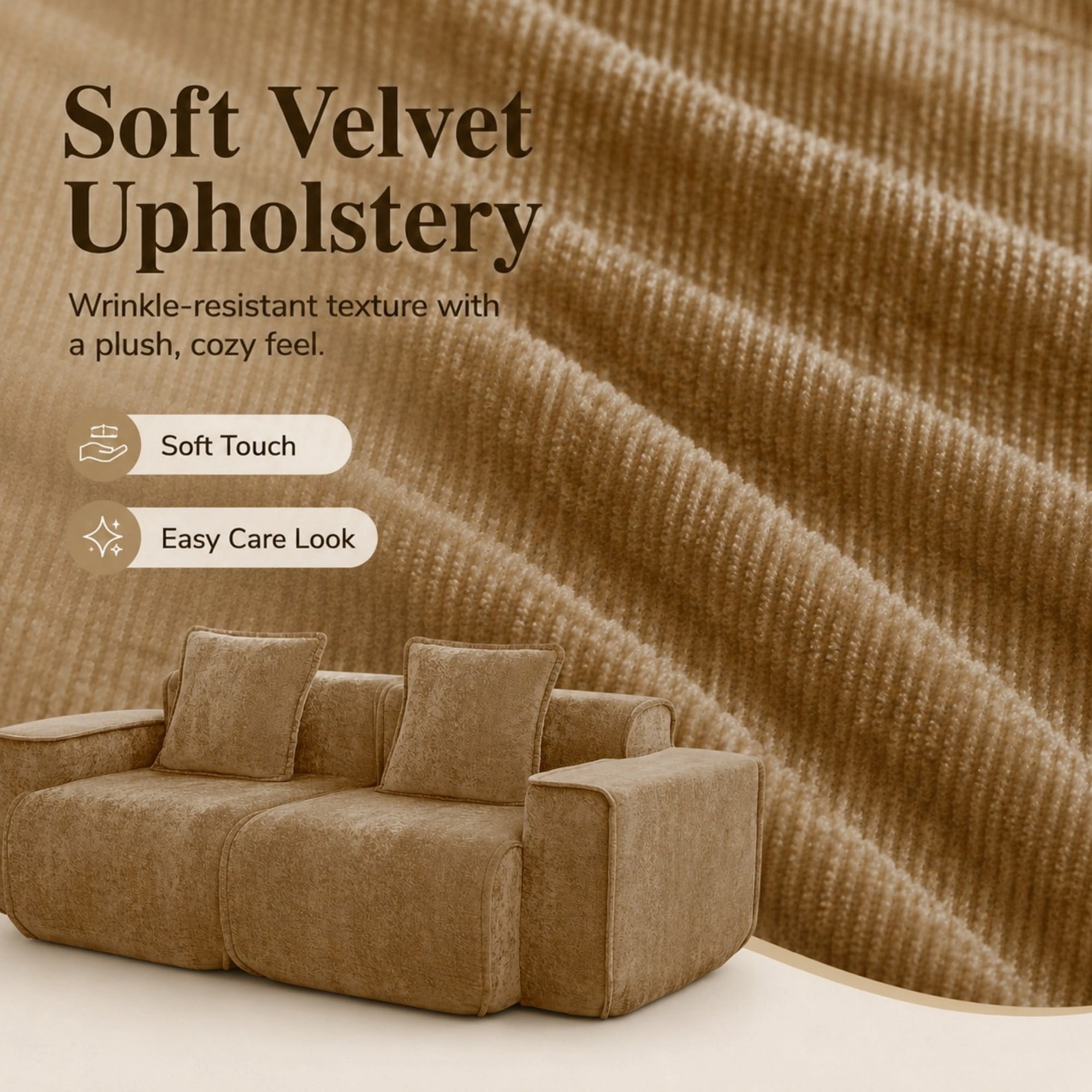 DEALTOPS 79" Modern Velvet Cloud Couch, 2-Seater Modular Loveseat with 2 Pillows, Brown