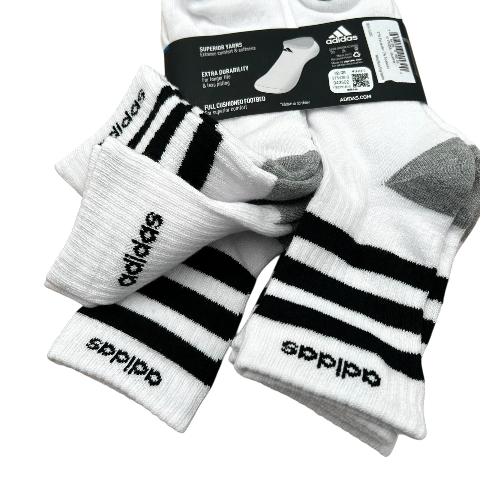 adidas Mens Athletic Mid Calf Socks 6pk Cushioned Size 6-12 White-Black 3-Stripe