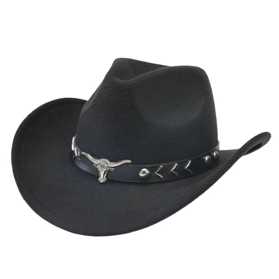 Boyscolos Western Cowgirl Unisex Hat with Bull Head Rivet Belt Wide Brim Felt Fedora Unisex for Halloween Cosplay Black One Size