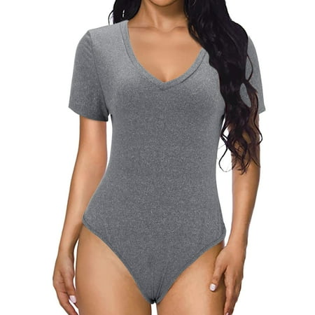 Jumpsuit Women Casual Sexy Tight Solid Color V Neck Short Sleeved Bodysuit Gray Women S Polyester Jumpsuit L