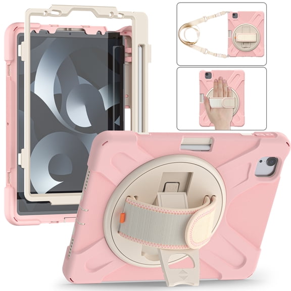 Case for iPad Air 11 Inch 2024, Kids Friendly Rugged Cover Built-in 360° Rotatable Stand-Hand/Shoulder Strap/Pencil Holder for iPad Pro 11 2022/2021/2020/2018/Air 4/Air 5, Pink