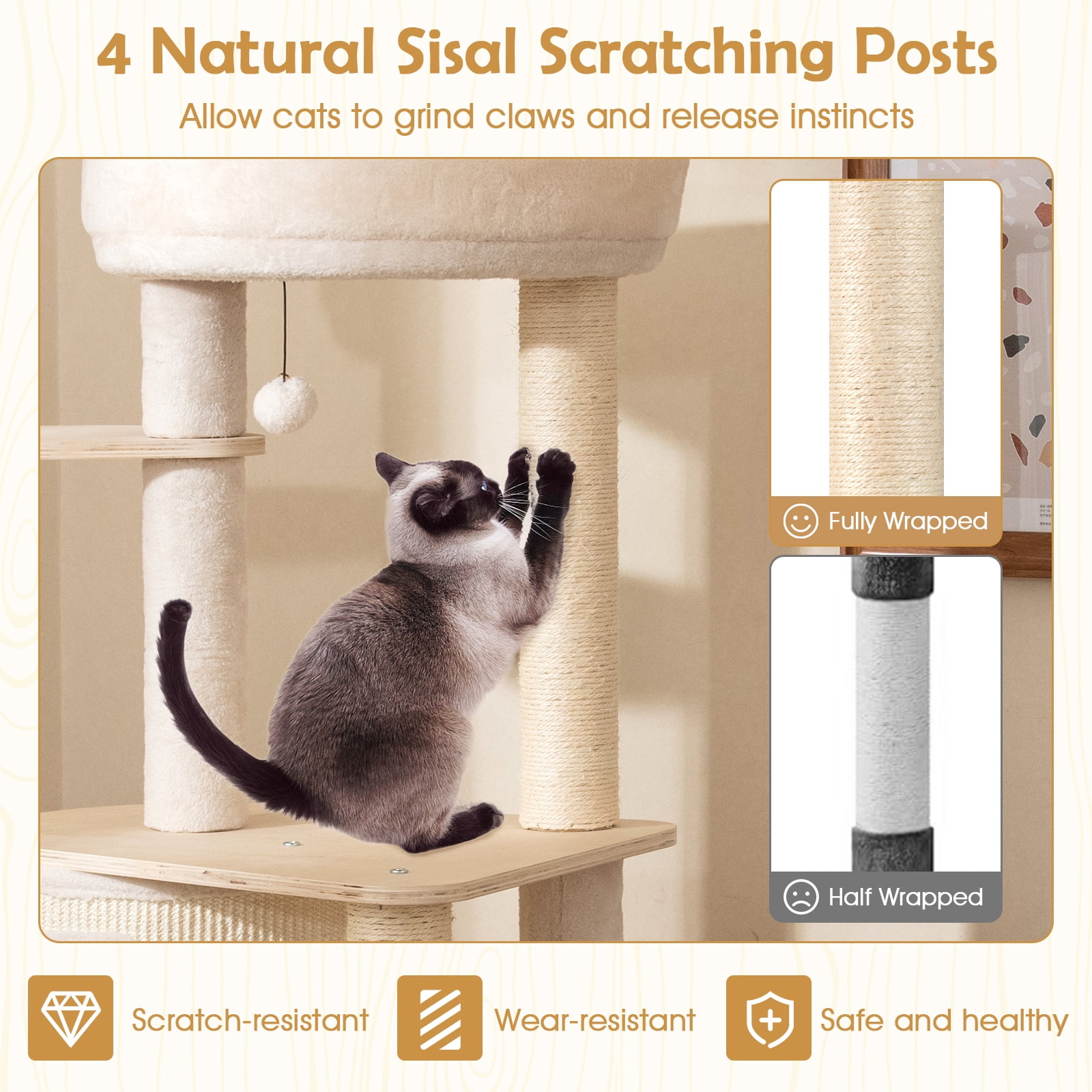 Gymax 56'' Tall Cat Tree Wooden Kitten Tower w/Sisal Scratching Posts & Mat & Ladder
