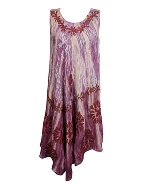 Mogul Womens Purple Tie Dye Tank Dress Paisley Embroidered Round Neck Sleeveless Boho Chic Flare Beach Cover Up Sundress