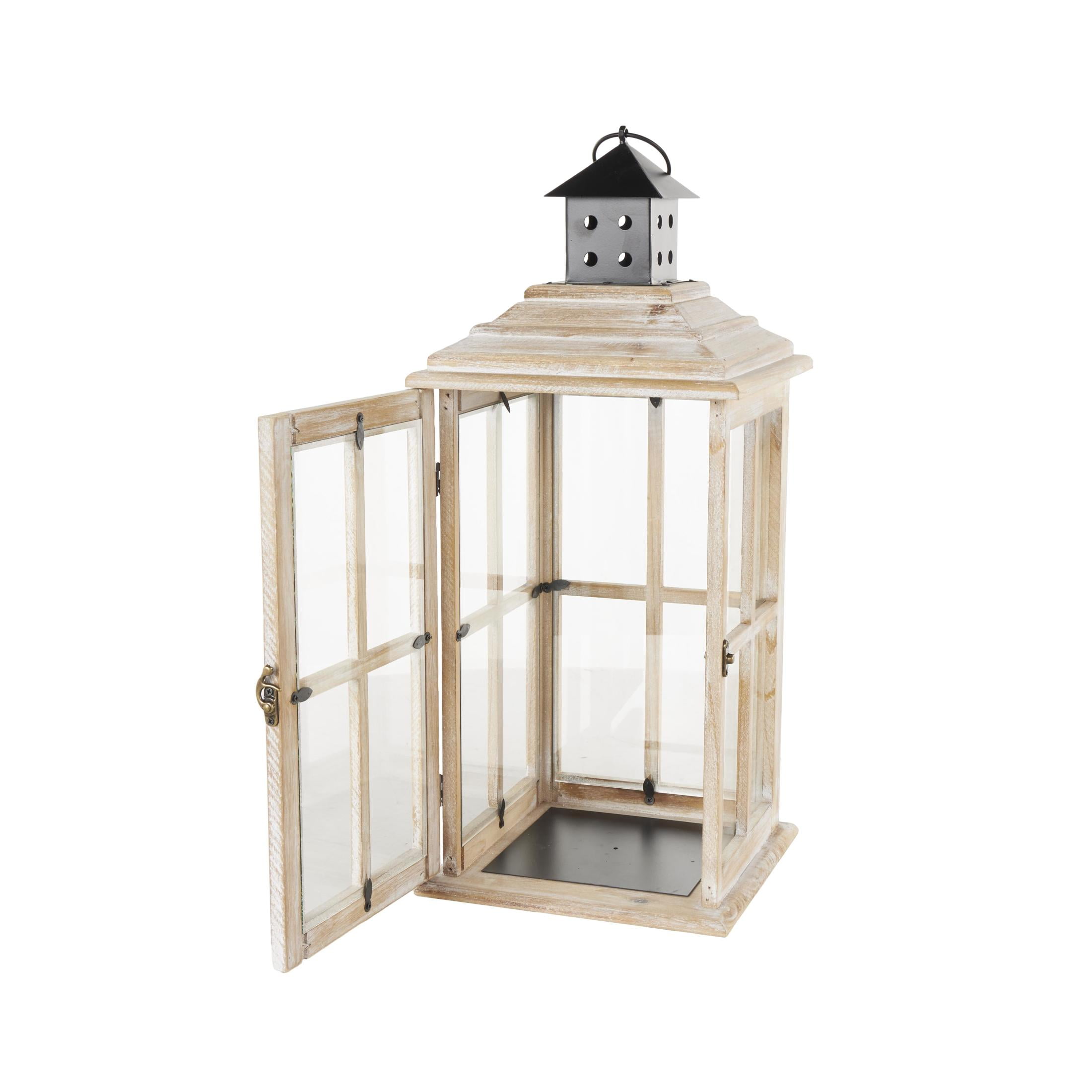 DecMode Light Brown Wood Light House Decorative Candle Lantern with Black Ring Handle