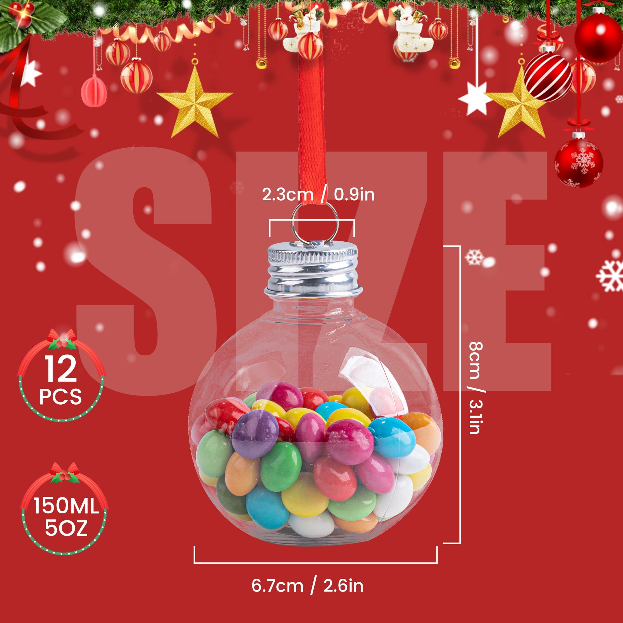 12 Pack Fillable Christmas Ornament Balls for Drinks, 5 oz Plastic Bulb Ornaments for Tree Hanging Decor, Holiday Gifts and Stocking Stuffers