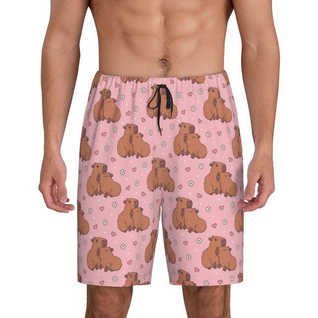 Balery Heart Capybara Pantalones cortos de pijama de punto de algodón para hombre con cinturilla y bolsillos-Small