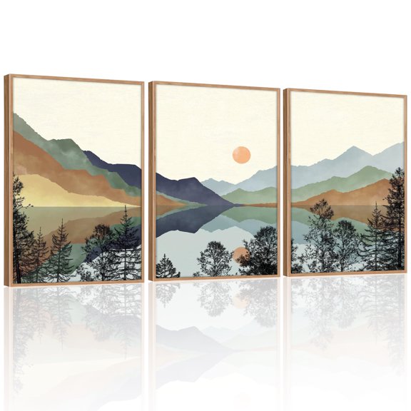 Boho Mountain Framed Wall Art Sun Forest Watercolor Canvas Wall Decor Nature Landscape Foggy National Park Scenery Poster Decor Set of 3 for Living Room Bedroom 16”x24”
