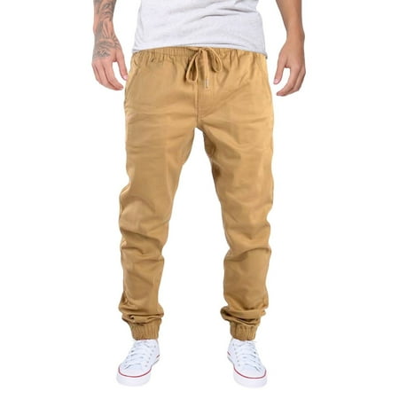 Men's Casual Jogger Pants Elastic Waistband Twill Cargo Trousers Chino  Khaki 34