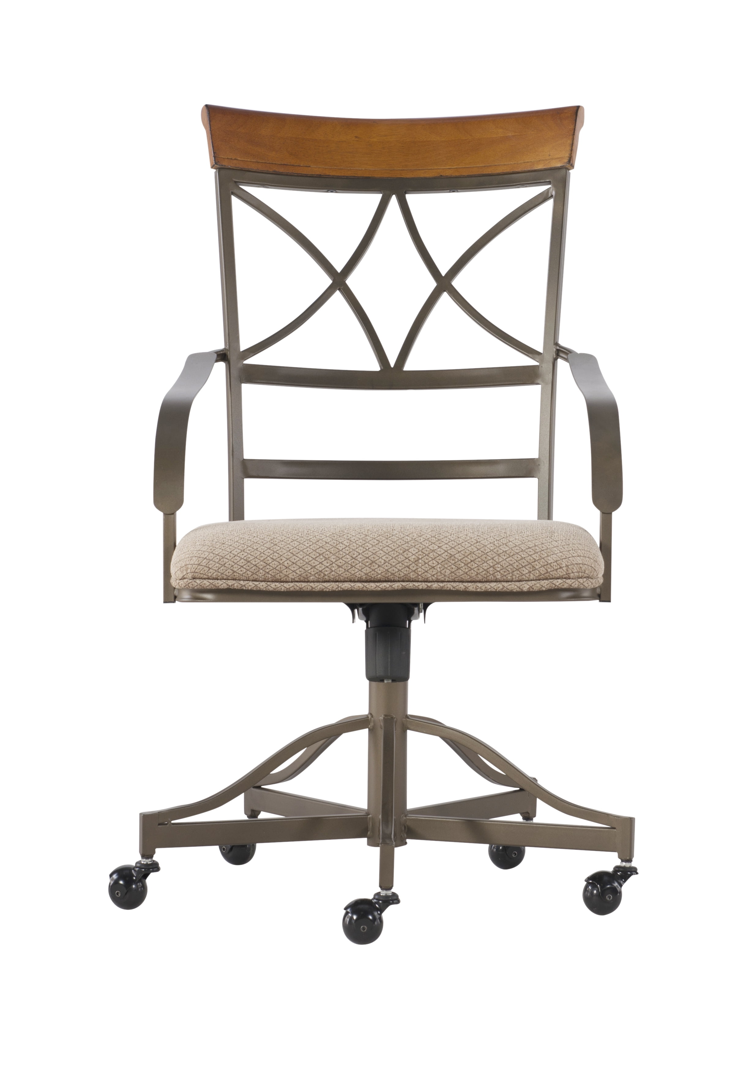 Powell Roselyn 5-Piece Dining Set with Rolling Swivel-Tilt Chairs, Brushed Faux Medium Cherry Wood with "Matte Pewter and Bronze" Metal
