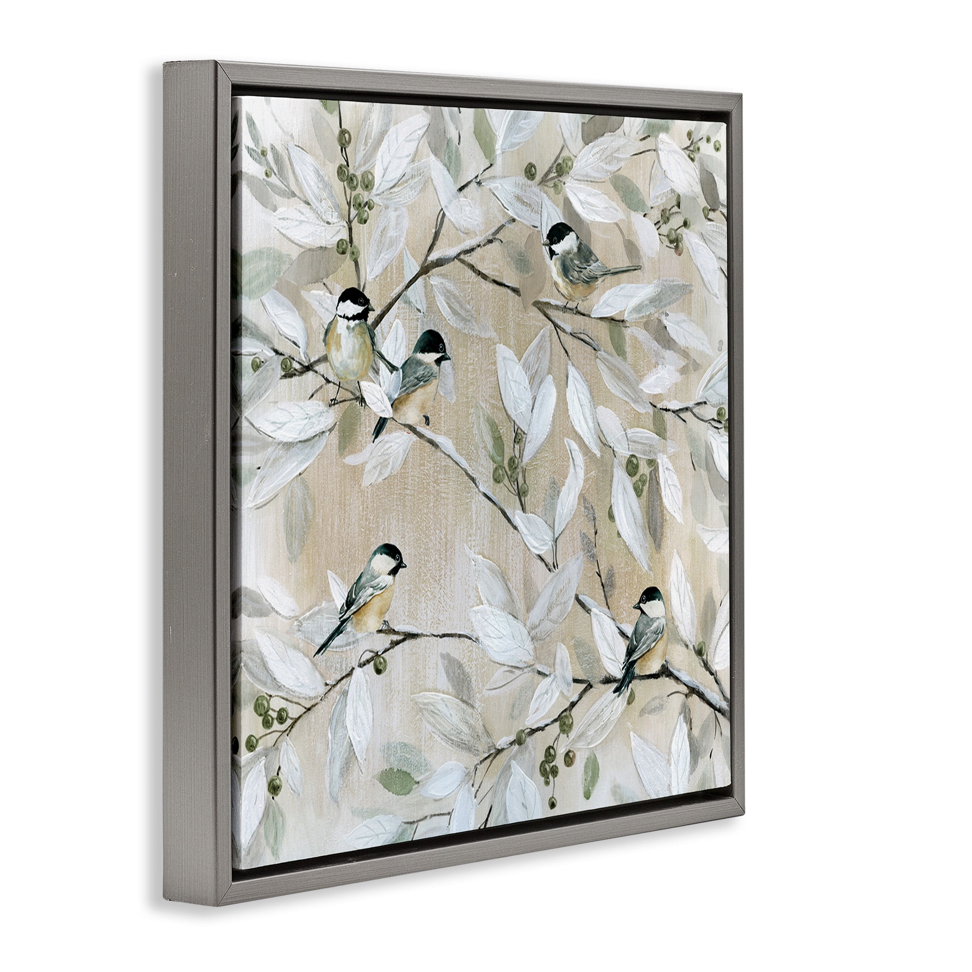 Stupell Industries Chickadee Birds on Branches Botanical & Floral Painting Gray Floater Framed Canvas Art Print Wall Art, 18 x 18