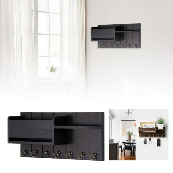 TIEVOSA Key Holder Wall Mount with Mail Sorter - Decorative Mail Organizer for Wall with Key Hooks and Drawer Organizer - Modern Home Essentials for Room Decor (Black)