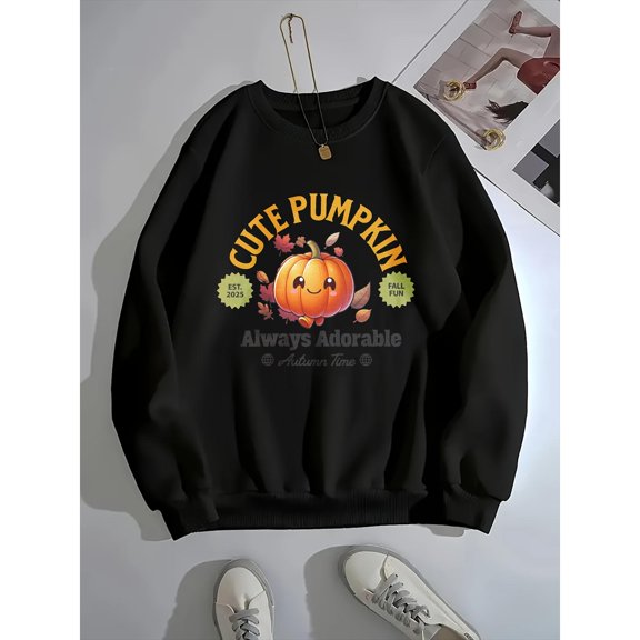 Womens Casual Pumpkin Graphic Sweatshirt Autumn Pullover Top Round-neck long-sleeved Black S-3XL