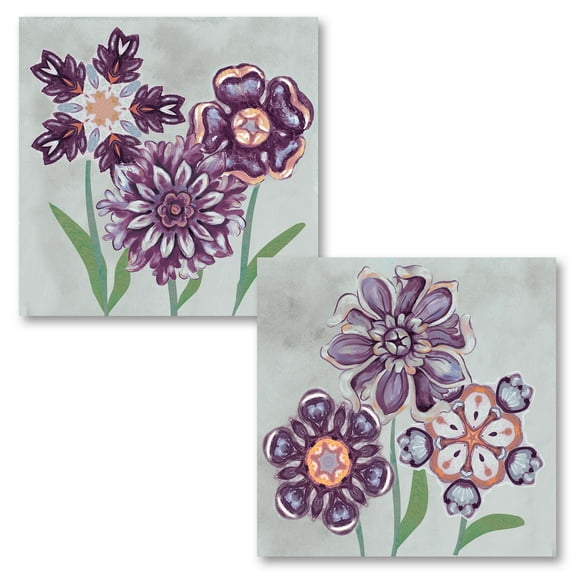 Gango Home Decor Modern Posies In Purple I & II by Margaret Ferry (Printed on Paper); Two 12x12in Unframed Paper Posters